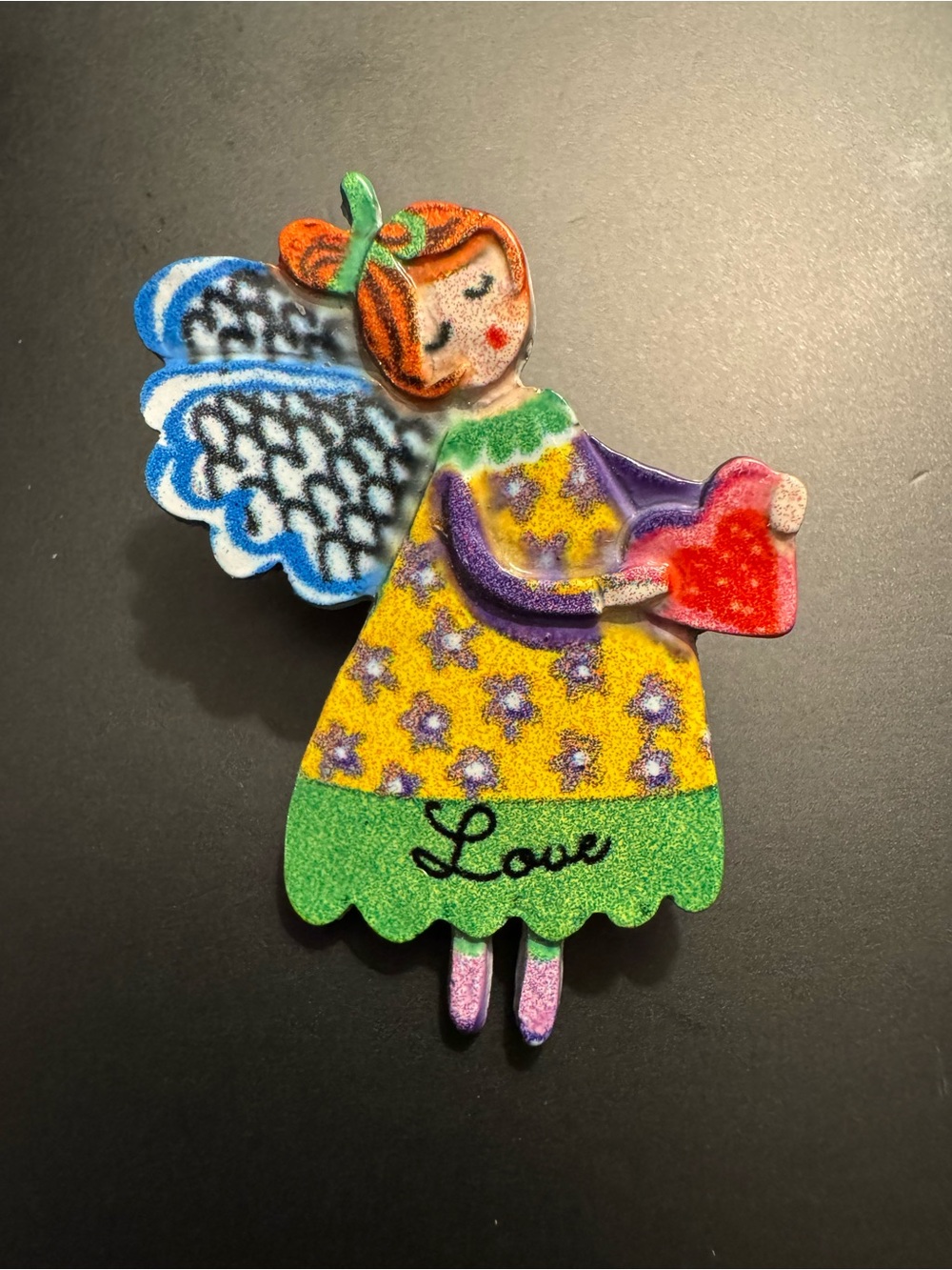 Signed Carol Eldridge Angel Love Heart Enamel Folk Art Pin
